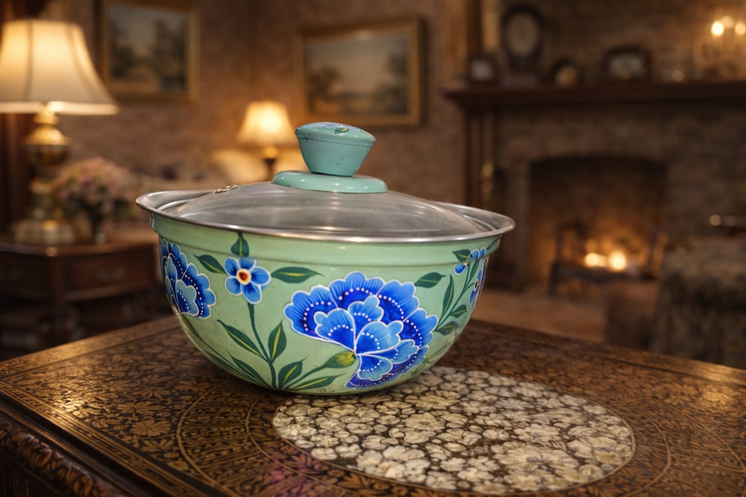 Big Hand Painted bowls with LID ,Stainless Steel bowl lid , Hand Painted Enamel Bowl  8 inch